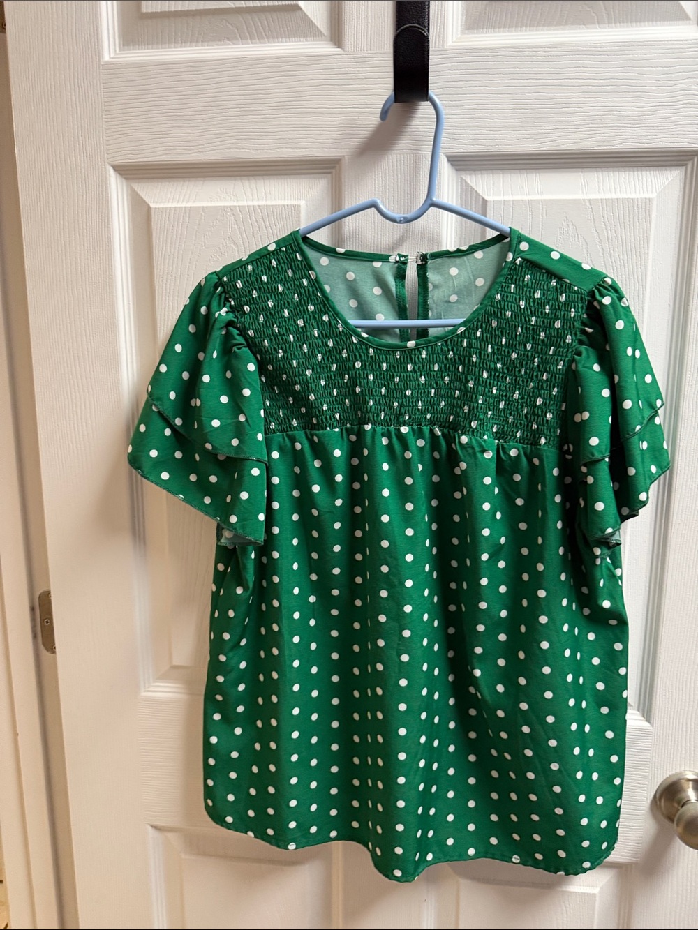 SHEIN Green Polka Dot Smocked Flutter Sleeve Blouse